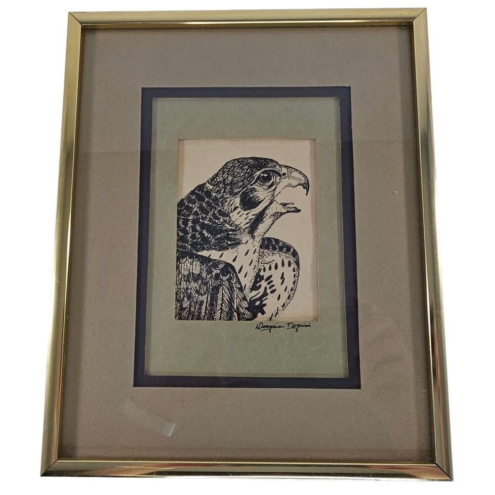 Vintage Framed Falcon Drawing Signed by Artist 8.5x10.5 Inch Gold Frame Nature W
